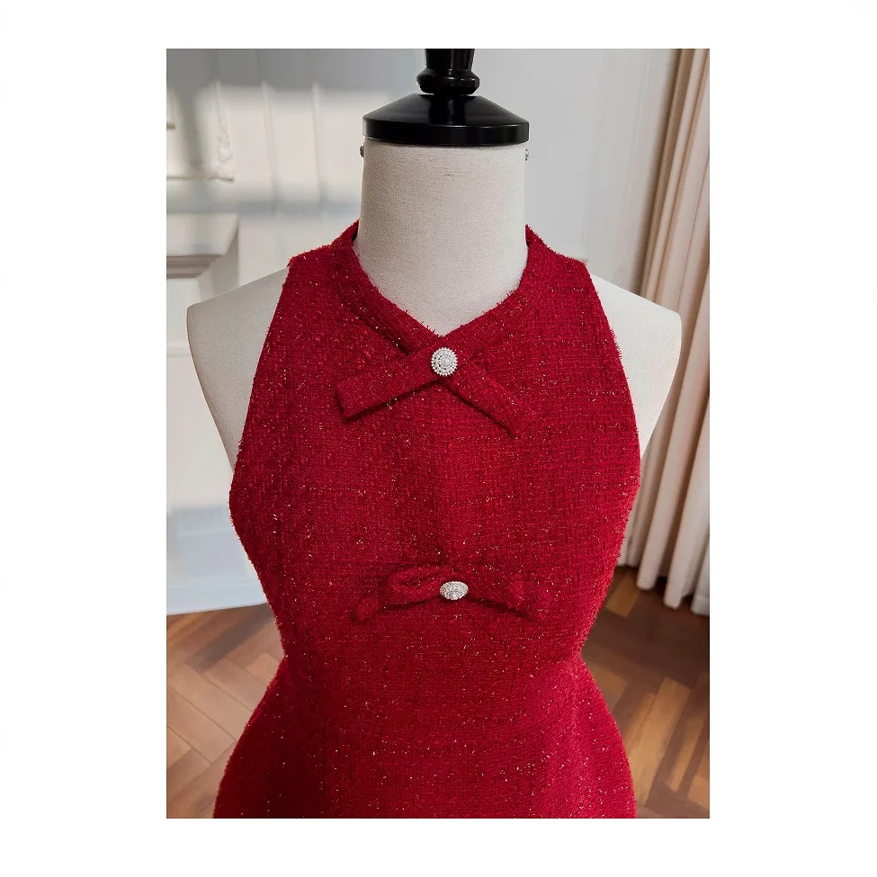 2025 Spring and Autumn Red New Year Women clothes Light Luxury Graceful Tweed Socialite Small Hanging Neck Formal Dress