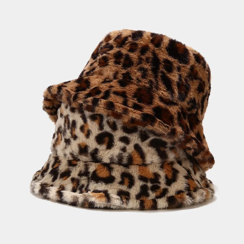 

Leopard Plush Fisherman Hats for Women Autumn and Winter Thickened Windproof Outdoor Warm Versatile Casual Bucket Caps New