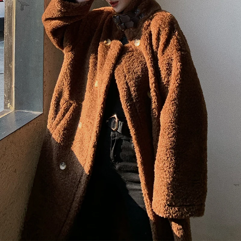 Autumn and Winter Women's Long Coat Fashion Faux Fur Thick Warmth Ladies Retro Teddy Coat Women Plush Oversized Loose Coat