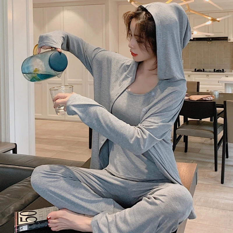 Women Pajamas Three Piece Set Camisole Cardigan Spring New 2022 Solid Simple Homewear Comfortable Casual Sleepwear Suit