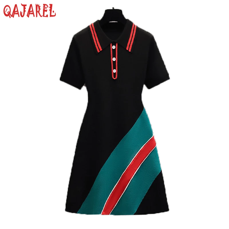 

Women Fashion Patchwork Short Sleeve Polo Collar Midi Dress Summer Elegant Office Lady Dresses 2023 Korean Bodycon Prom Clothes