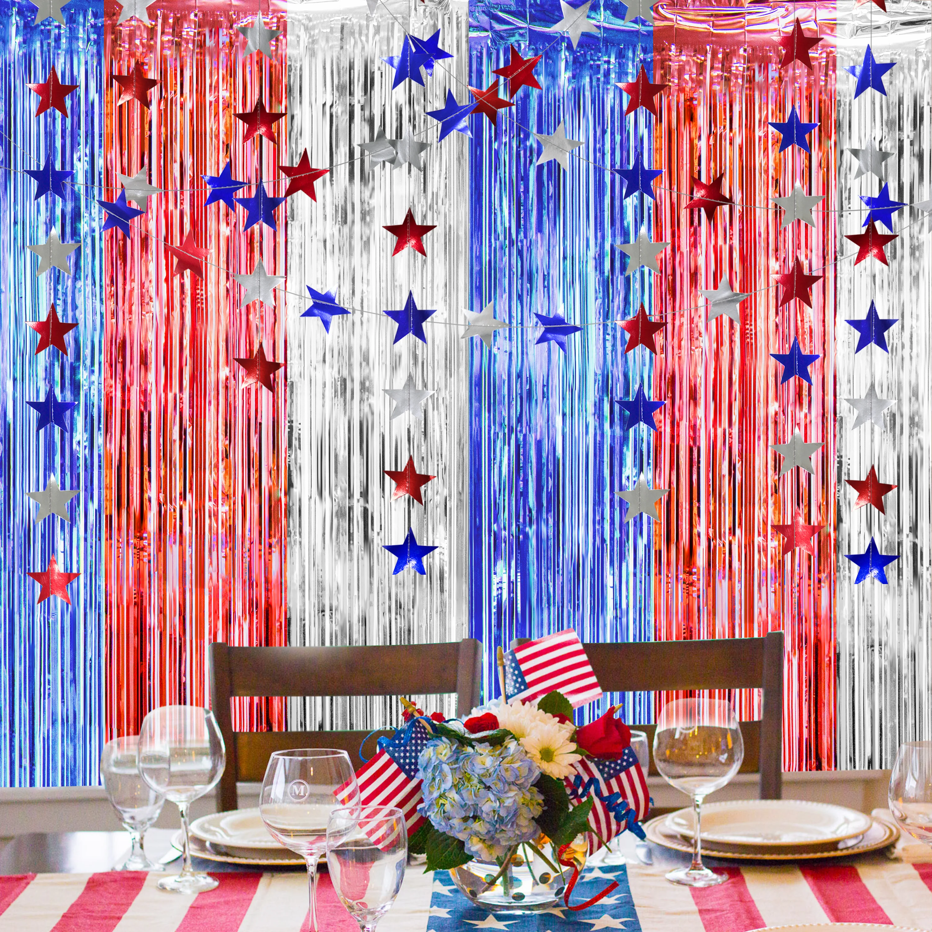 

USA Red Blue Silver Party 2Pcs Tinsel Foil Curtain Backdrops Decor with 4Pcs 4th of July Star Garlands Photo Booth Backgrounds