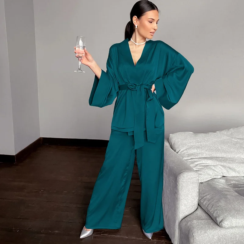 Spring/Summer European and American Style Cardigan Lace Up Nightgown Pajamas 2 Piece Set Solid Color Home Leisure Pajamas