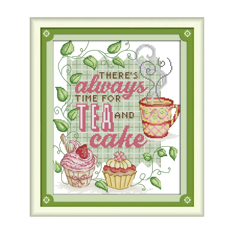 

Tea and cake cross stitch kit 18ct 14ct 11ct count printed canvas stitching embroidery DIY handmade needlework