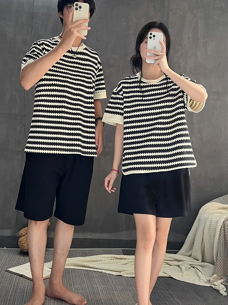 Couple Pajamas Women's Summer Cotton Short sleeve round Neck Home Wear Thin Men's Can Be Worn outside Striped Suit