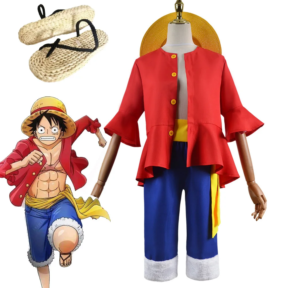 Luffy Косплей Костюм Обезьяна D. Luffy Косплей два года позже шляпа красный топ брюки Униформа Хэллоуин Вечеринка Одежда для мужчин детей