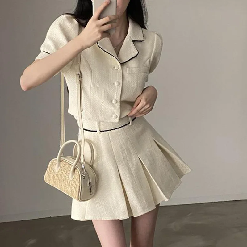 

Summer Women's Korean Style Mini Skirt Two-piece Set 2022 New French Vintage Lace Suit Jacket + High Waist A-line Skirt Suit