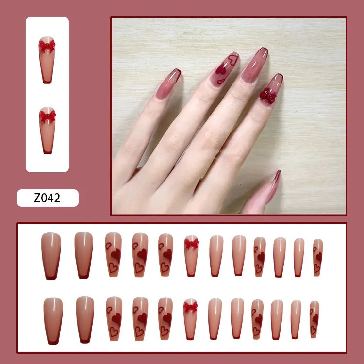

24Pcs/Box with glue Wine Red Bow long Ballet Wearable Ins style Fake Nails press on Nails Coffin Detachable Fingernails