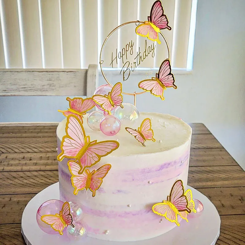 

1set Purple Pink Butterfly Cake Decoration Happy Birthday Cake Toppers Birthday Party Baking Dessert Decor Baby Shower Supplies
