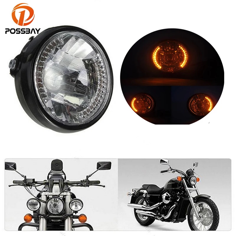 

POSSBAY Amber Motorcycle H4 Halogen Headlight Turn Signal Motorbike Universal for BMW Ducati Cafe Racer Headlight Farol Moto