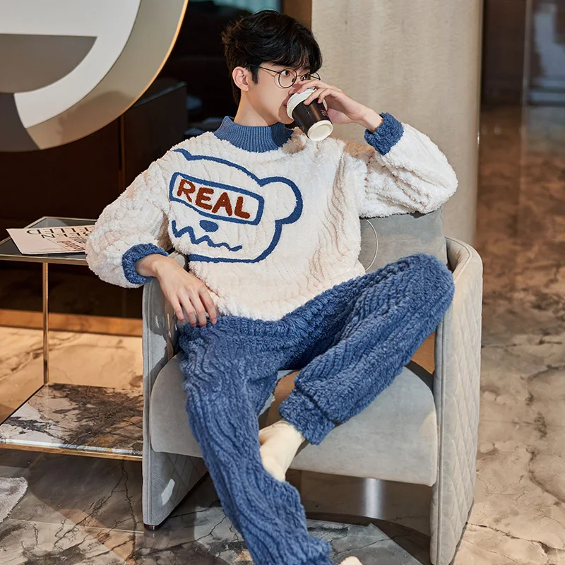QUHENG 2022 Winter Flannel Men's Pajama Pants Set New Autumn Thick Warm Sleepwear for Couples Casual Loose Home Costumes Set