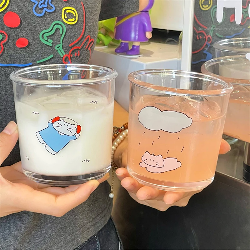 Kawaii стеклянные чашки стакан холодный кофе чашка эстетика Милая кошка корейские