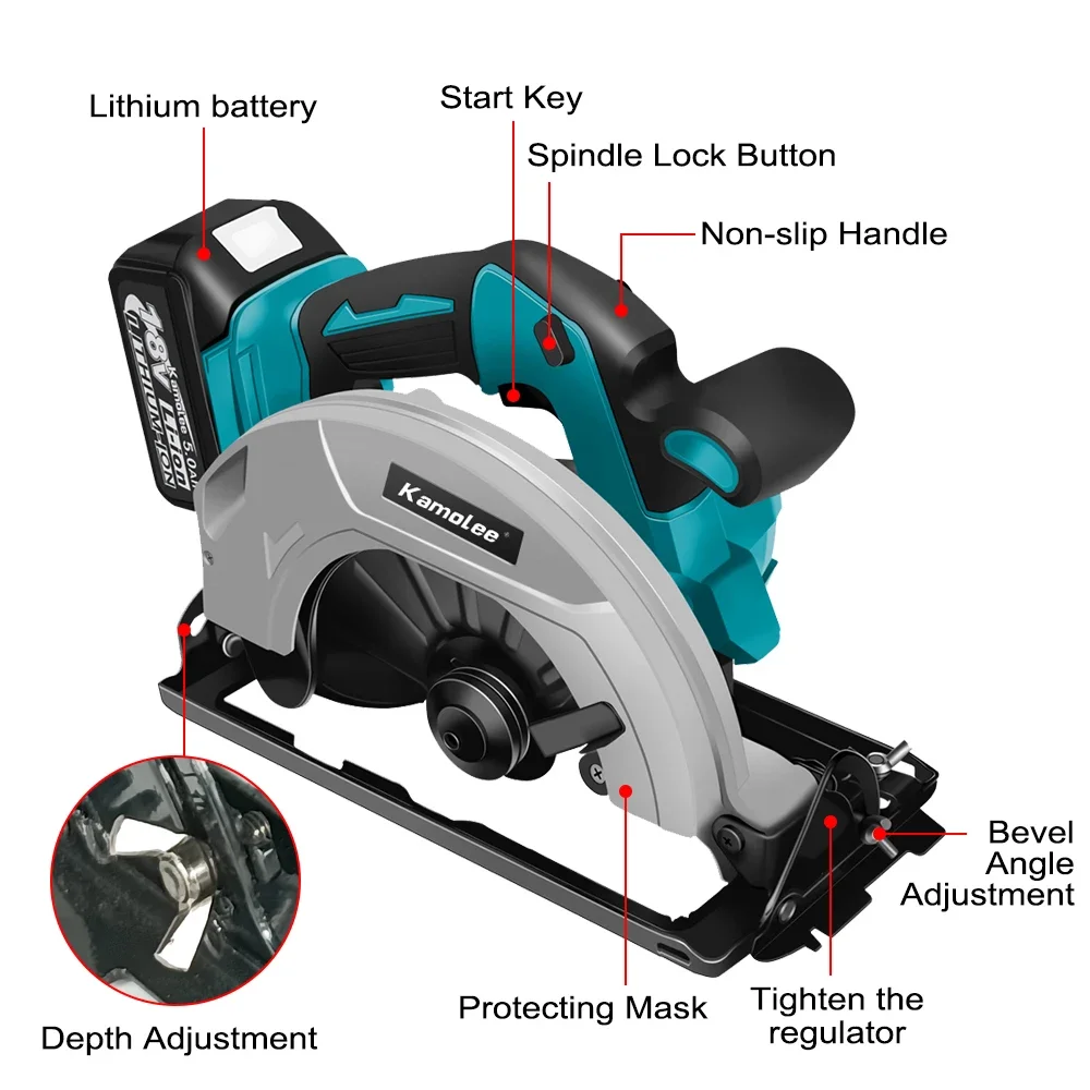 Kamolee 7-Inch Electric Circular Saw Compatible with Makita 18V Battery Lightweight for Easy Handling
