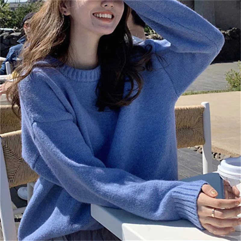 

Fashion Blue Women sweater Solid Color Pullover Loose 2023 New Autumn Winter O-Neck Soft Glutinous Sweater Top Female