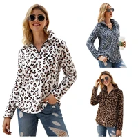 2022 autumn and winter leopard print stand up collar zipper long sleeved sweater t shirt