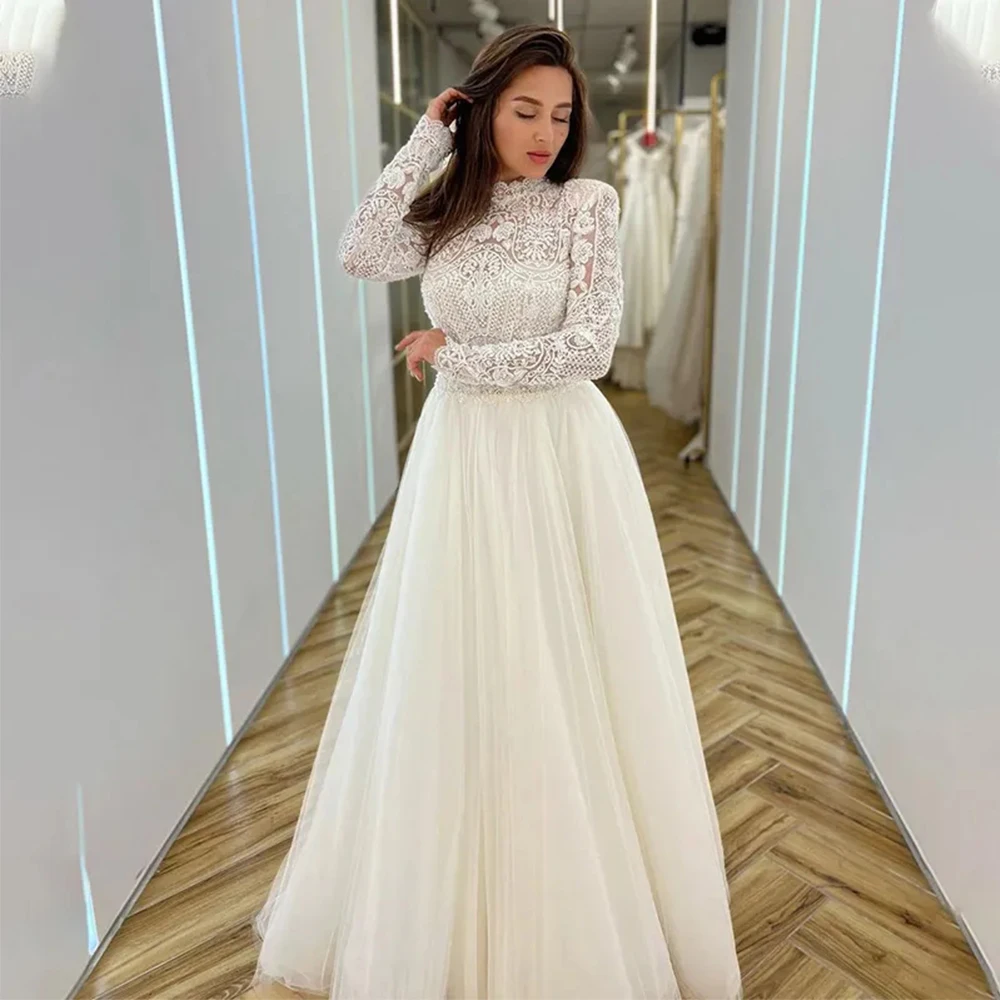Boho Abiti Da Sposa Romantici Sirena Collo Alto Maniche Lunghe Appliques Di Pizzo Squisito Stile Principessa Beach Mopping Abiti Da Sposa