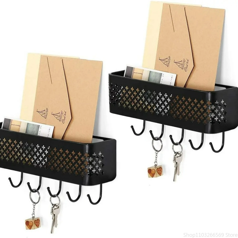 

Черный настенный органайзер для сортировочных ключей, металлическая корзина для хранения с 5 крючками для пальто и ключей, набор из 2