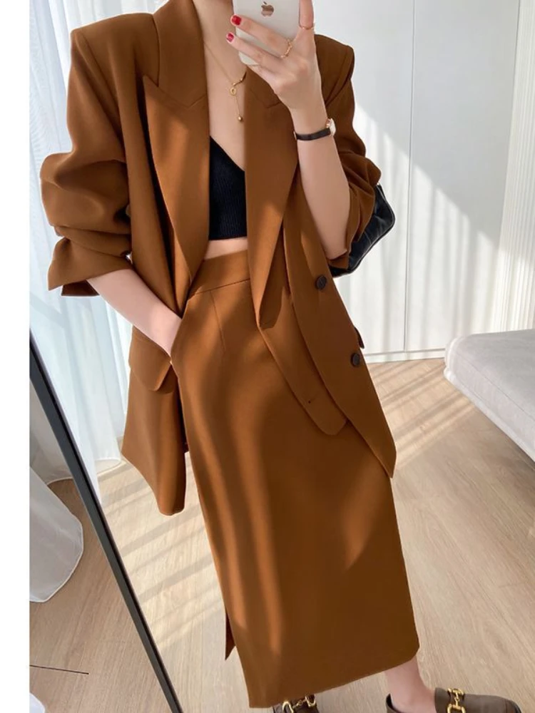 

Two Piece Sets Women Outifits 2023 Fall Long Sleeve Turn-down Collar Double Breasted Blazers + High Waisted Pockets Skirt Suits