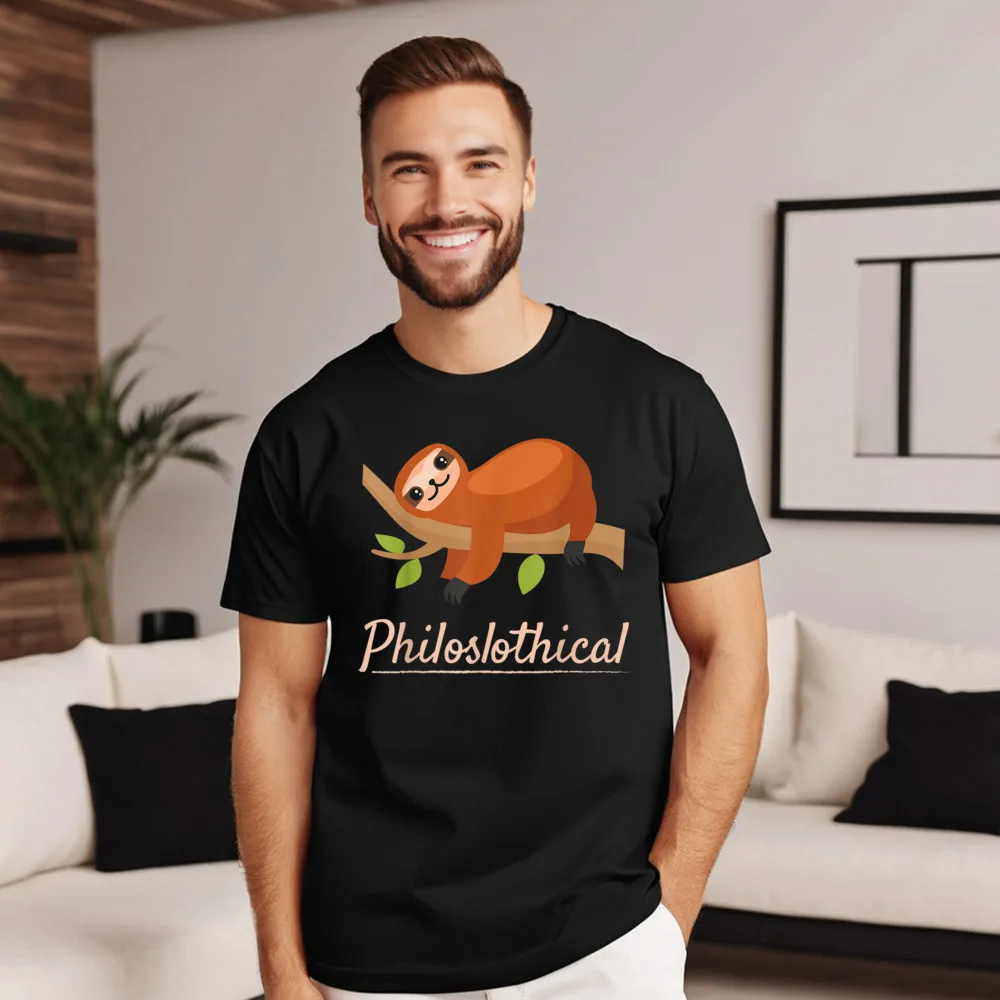Philoslothical Philosophical Sloth Pun Animal Tops &amp Tees Loose Round Collar T-shirts Slogan Pure Cotton Male
