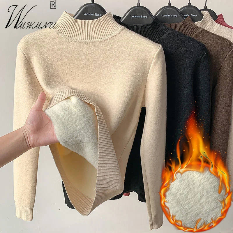 

Half Turtleneck Thicken Winter Sweaters Women Velvet Lined Kintted Pullover Plush Slim Knitwear 10 Color Warm Tops Casual Sueter