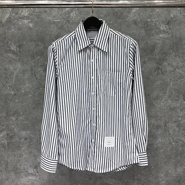 

THOM 2023 Fashion TB Brand Shirts Men Slim White Black Striped Long Sleeve Casual Shirt Turn Down Collar Oxford Men's Clothing