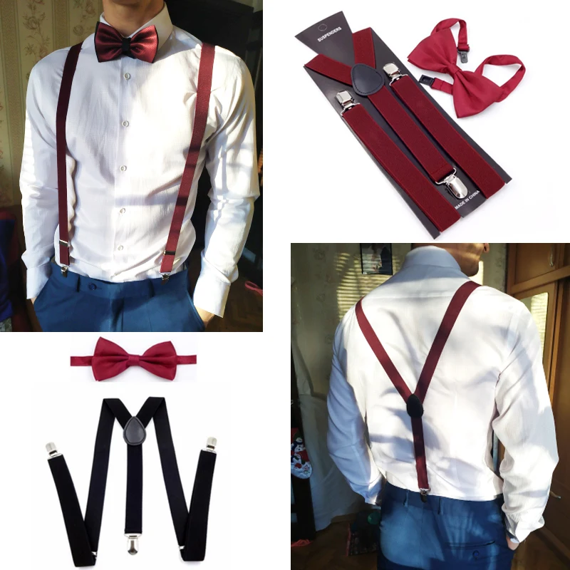 

Solid Color Man's Belt Bowtie Set Men Women Suspenders Polyester Y-Back Braces Bow Tie Adjustable Elastic Wedding Tie Accessorie