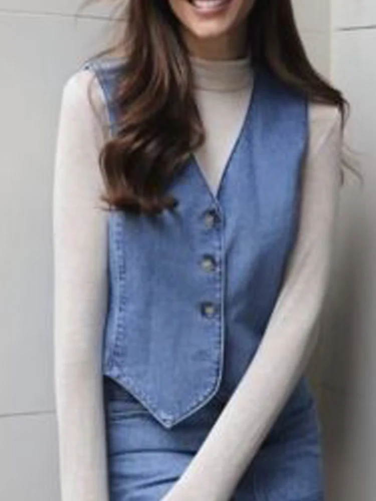 

Женский джинсовый жилет, однотонный однобортный жилет с V-образным вырезом, весна 2023