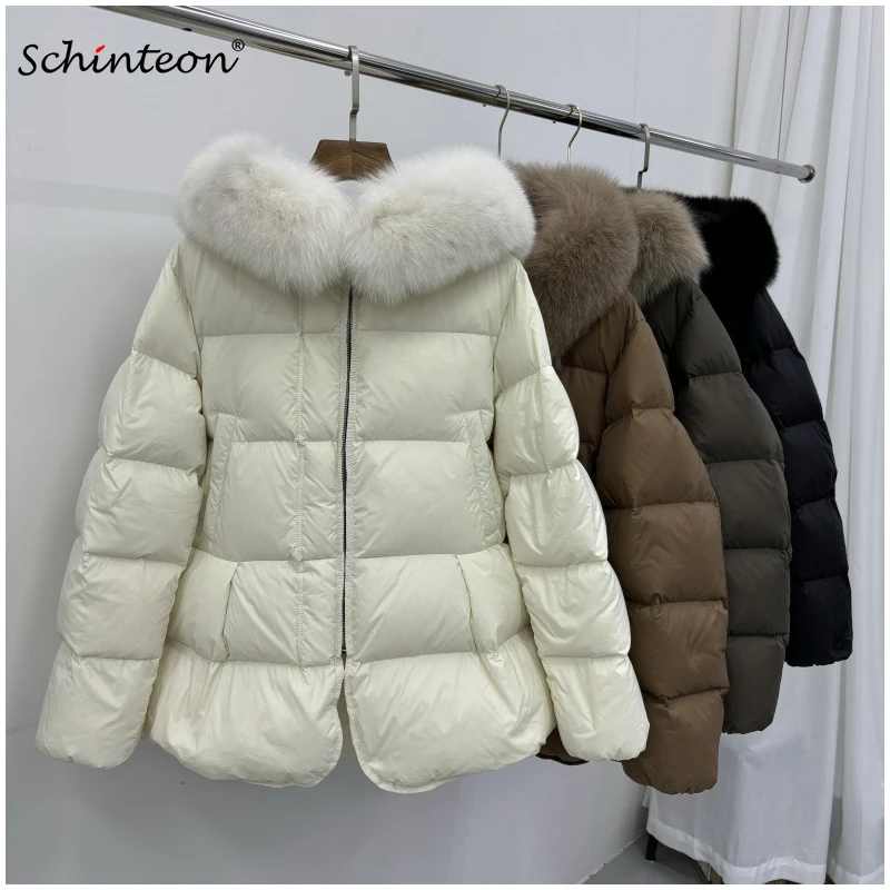Фото Schinteon женская куртка на 100% натуральный лисьий мех с воротником на белом утином пуху с капюшоном осень-зима теплая повседневная теплая верхняя одежда на подкладке №1