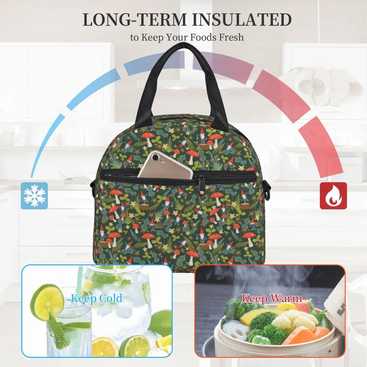 

Magic Mushroom Print Lunch Bag with Handle Woodland Gnomes Cooling Cooler Bag Takeaway Modern Meal Thermal Bag