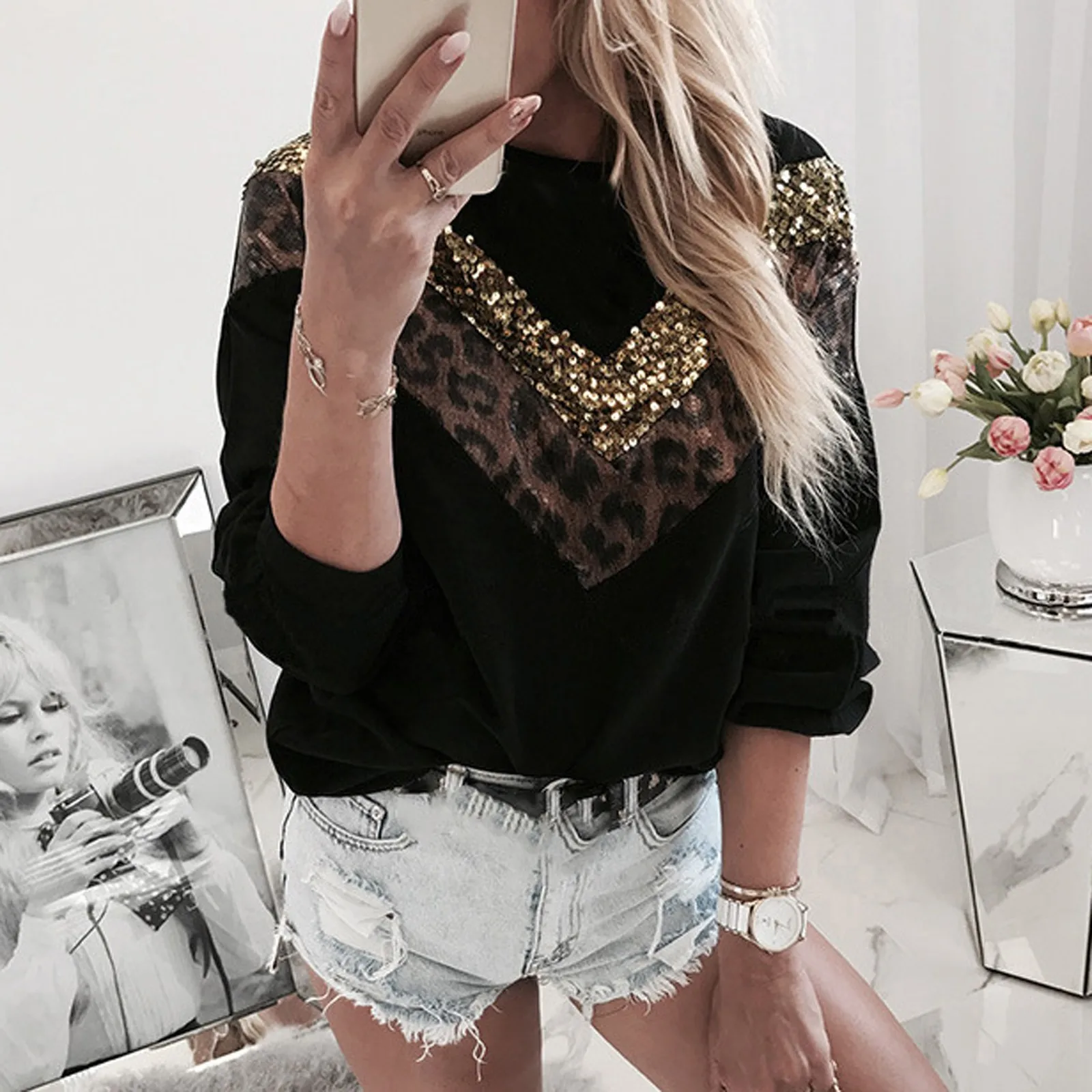 

Womens Foil Top Sweatshirt Print Leopard Blouse Sleeve Long Lady Fashion Women Matching Top Women's Blouse Set 4