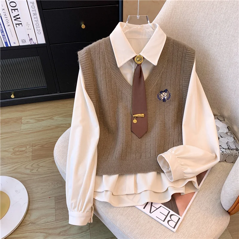 Комплект из двух предметов в стиле преппи жилет свитер женская одежда уличные