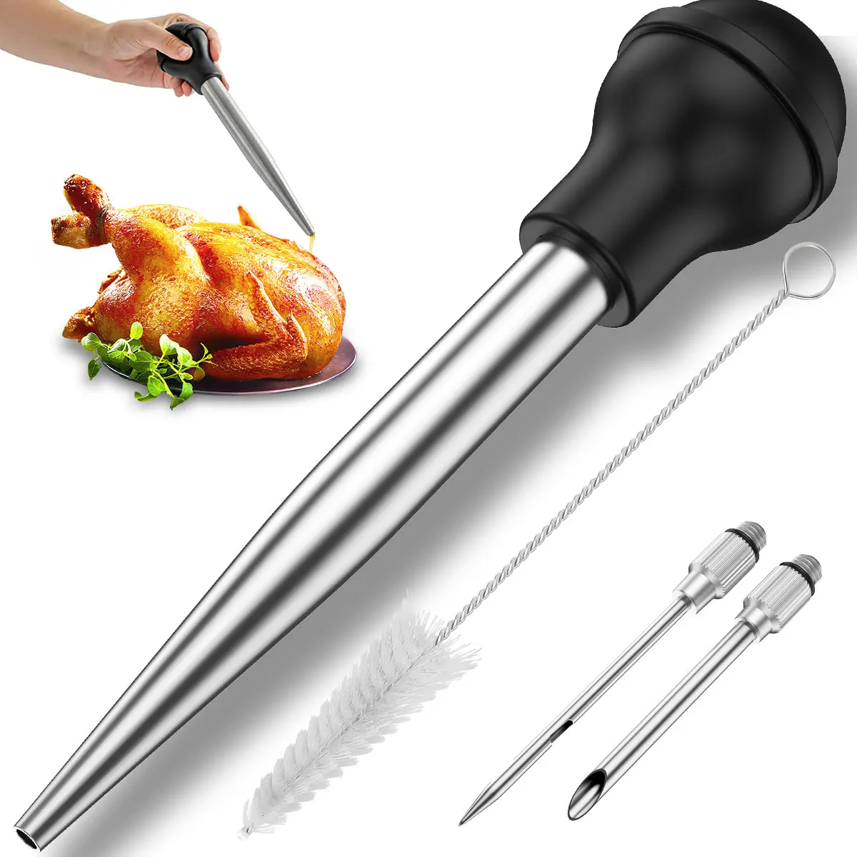 

Turkey Baster Set of 4 Stainless Steel Turkey Baster Syringe Meat Marinade Injector Needle with 2 Needles Silicone Bulb and