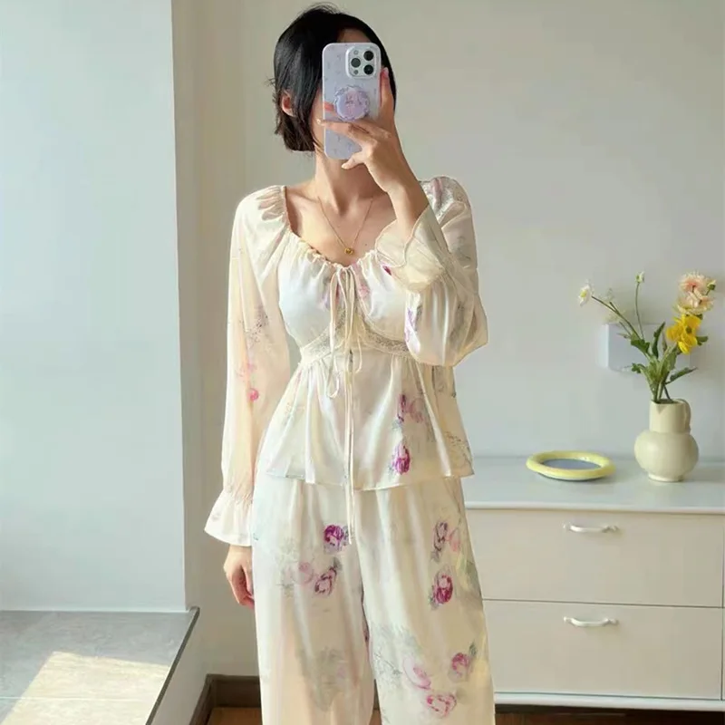 2PCS Sleepwear Set Spring Autumn Pajamas Long Sleeve Trouser Pijamas Suit Print Flower Silk Satin Home Clothes Loose Loungewear