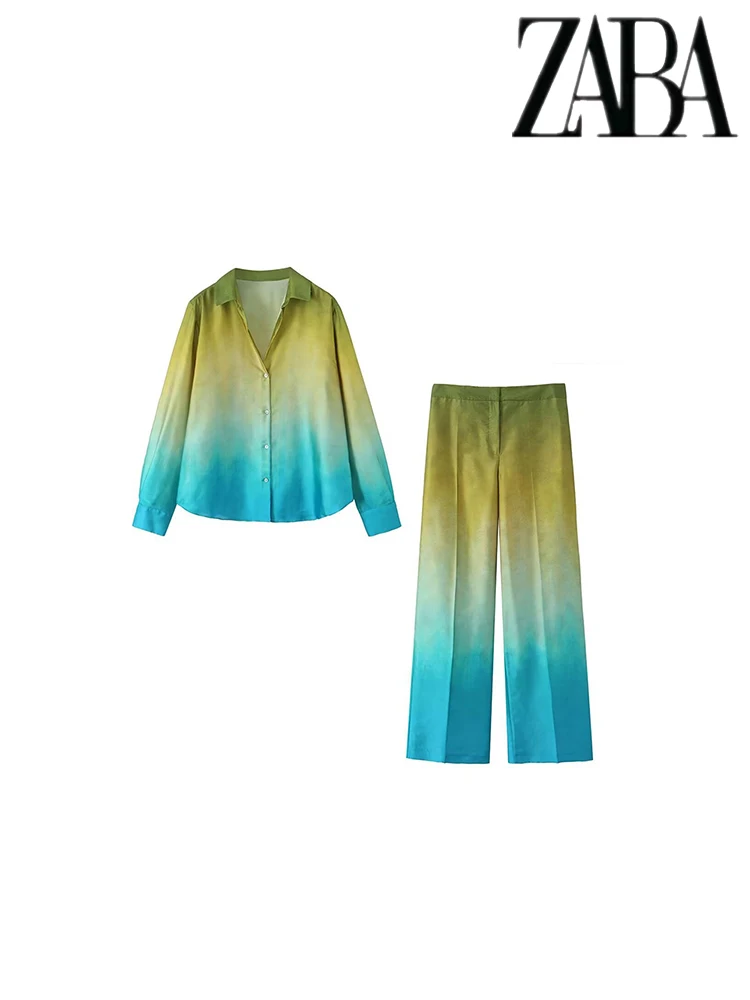 Женская Элегантная Шелковая Рубашка И Широкие Брюки Комплект С Градиентом