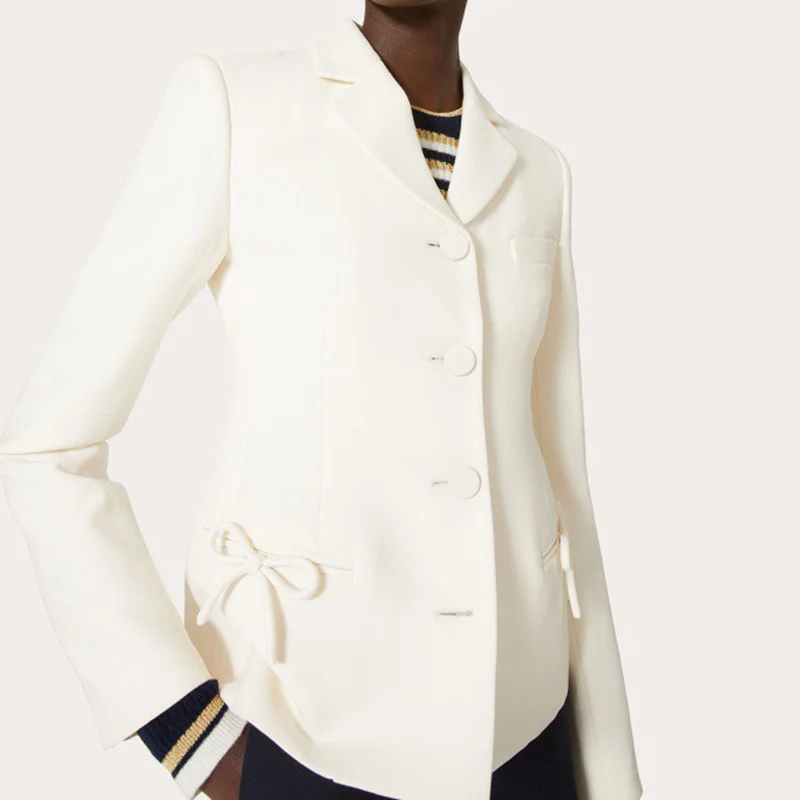 

Classic Retro Fashionable Three-dimensional Bow Silk Wool Suit Jacket Elegant Simple 2Color Long Sleeve Lapel Office Lady Blazer