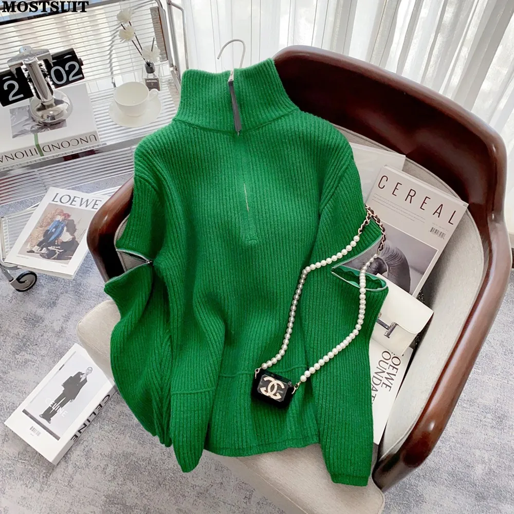 

Женский утепленный свитер на молнии, повседневный модный свободный пуловер с высоким воротником, зимние джемперы оверсайз с длинным рукаво...