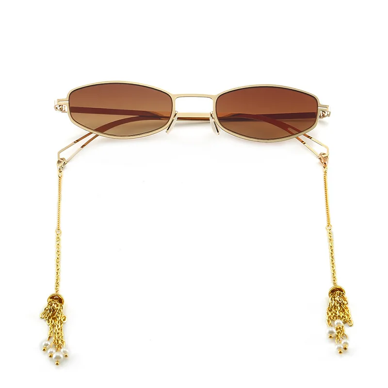 

Роскошные очки с золотой цепочкой для мужчин и женщин, современные солнцезащитные очки в стиле ретро, Овальные Солнцезащитные очки с цепочк...