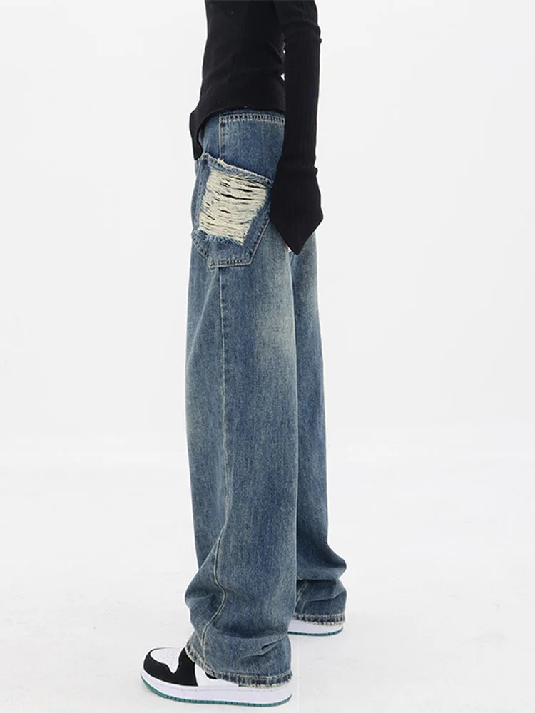 

Women's Blue Straight Jeans 2022 Autumn Vintage Streetwear High Waist Baggy Korean Fashion Girl Jeans Wide Leg Mom Denim Pants