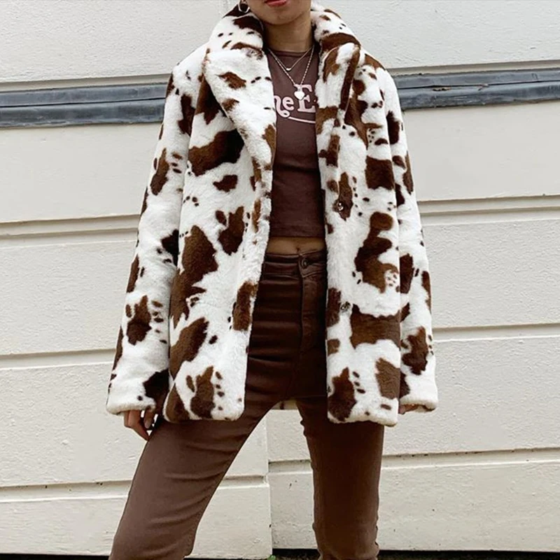 Faux Fur Coats Warm Woman Jacket Leopard Print Casual Loose 2021 Winter Streetwear Y2K Fashion Outwear Female Fluffy Overcoats