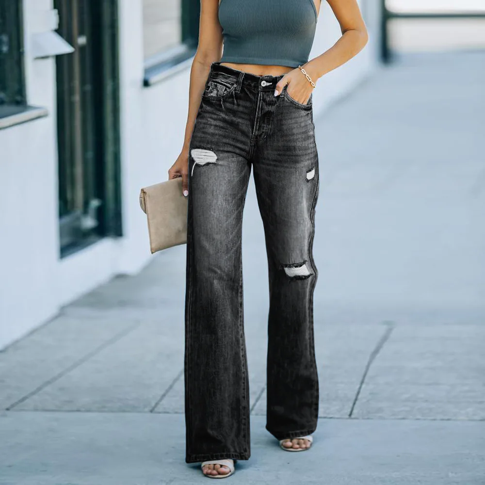 Women's Juniors Washed Denim Jeans High Waist Elastic Skinny Jeans Stretch Fitted Ripped Jean Women Flared Pants Wide Leg Pants