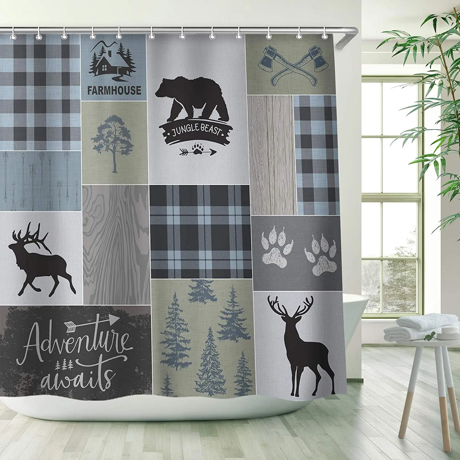 

Farmhouse Shower Curtain Rustic Bear Deer Country Lodge Cowboy Shower Curtains Grid Claw Wildlife Adventure Bathroom Curtain