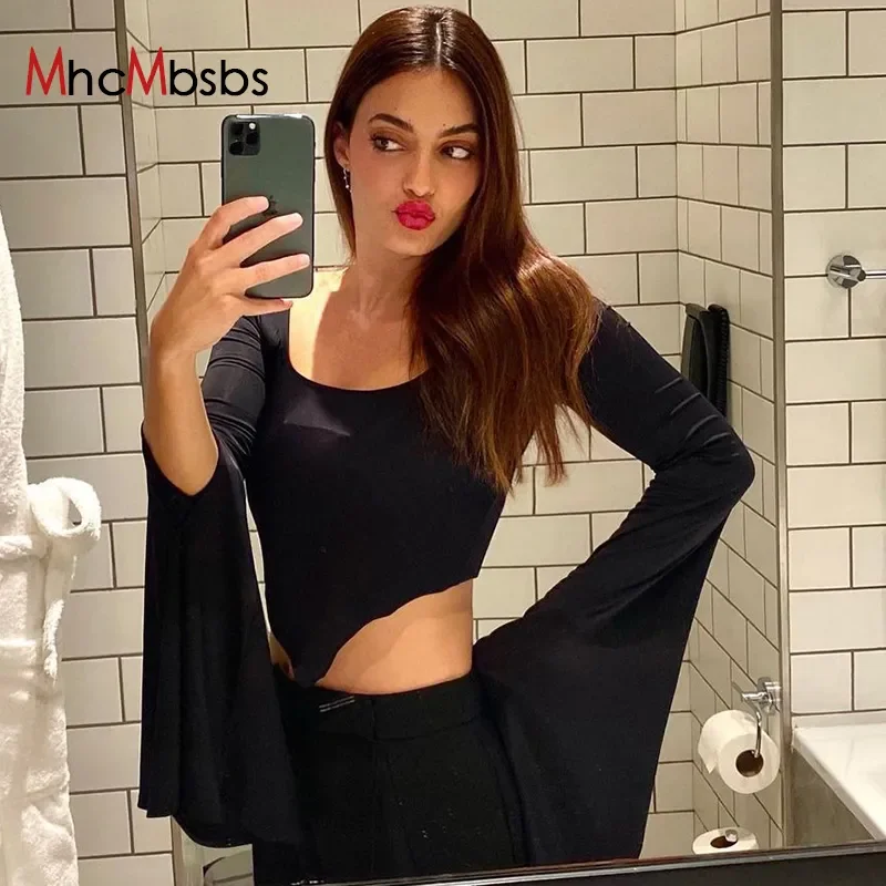 

Укороченные футболки с круглым вырезом, женские черные укороченные топы с разрезом и расклешенными длинными рукавами, весна-осень 2022, в стиле Харадзюку, стиль "Лолита"