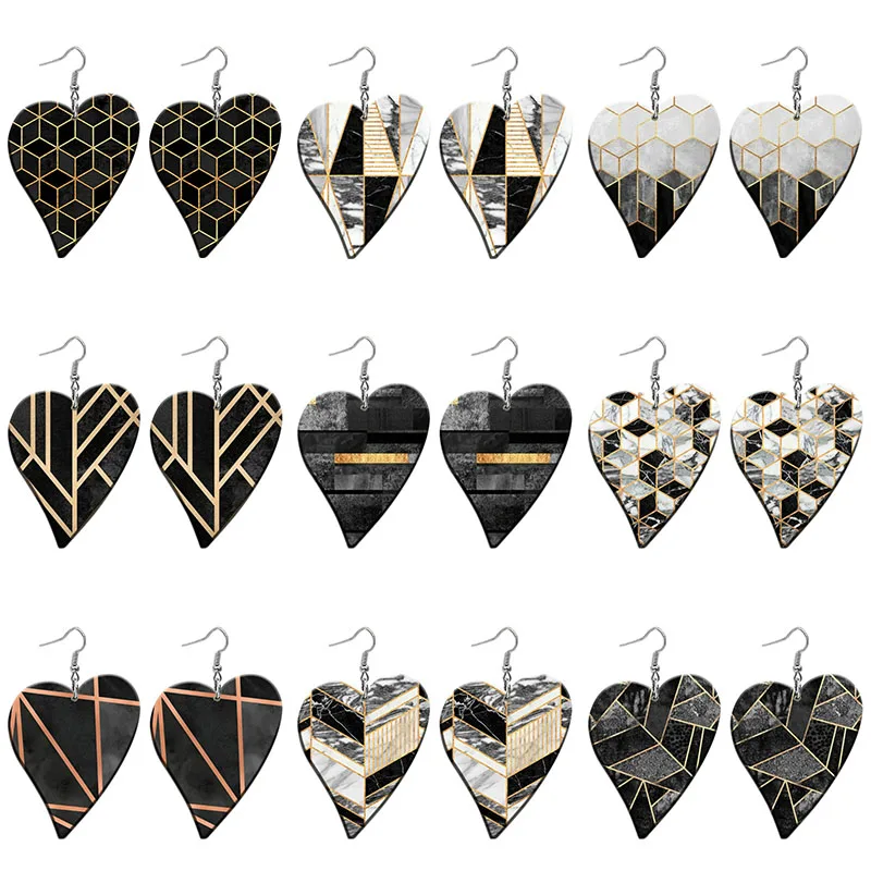 

Black Patchwork Art Pattern Acrylic Heart Drop Earrings For Women Stainless Steel Piercing Ear Hooks Jewelry Girls' Gift Z1510