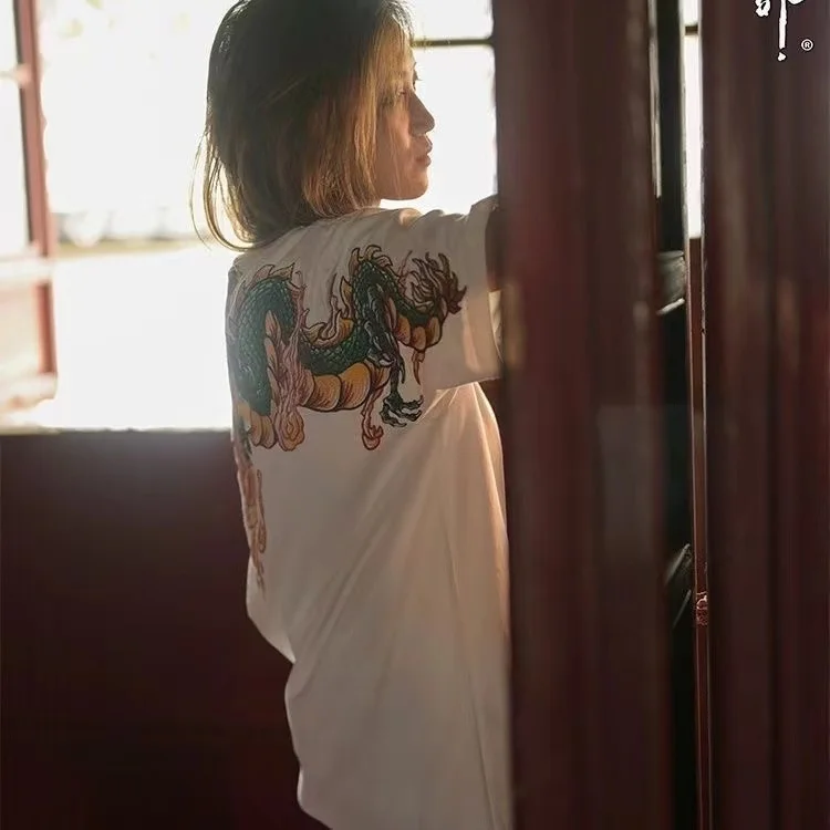 Лето 2024 футболка с принтом дракона и татуировки для тяжелой промышленности