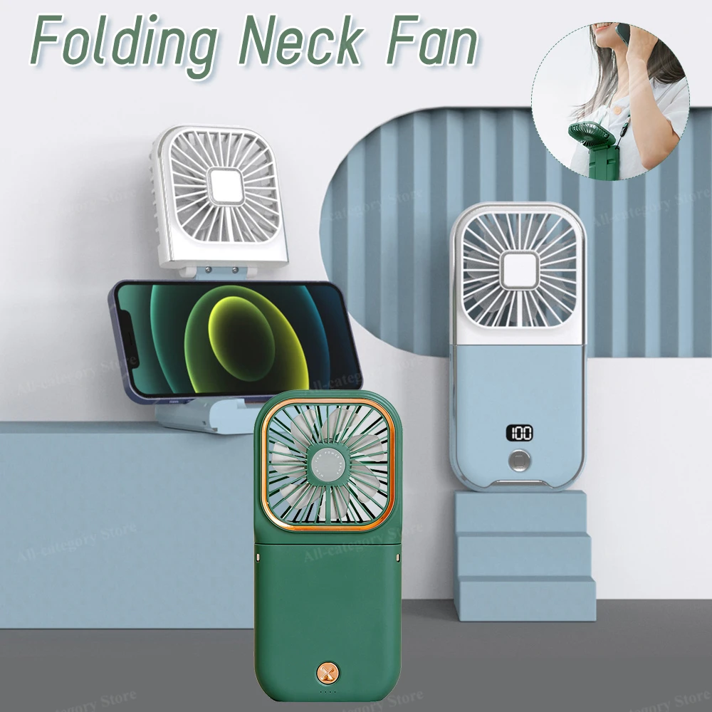 

Foldable Neck Hanging Fan USB Rechargeable Phone Holder Desk Fan 3 Gears Adjustable Summer Air Cooler for Travel