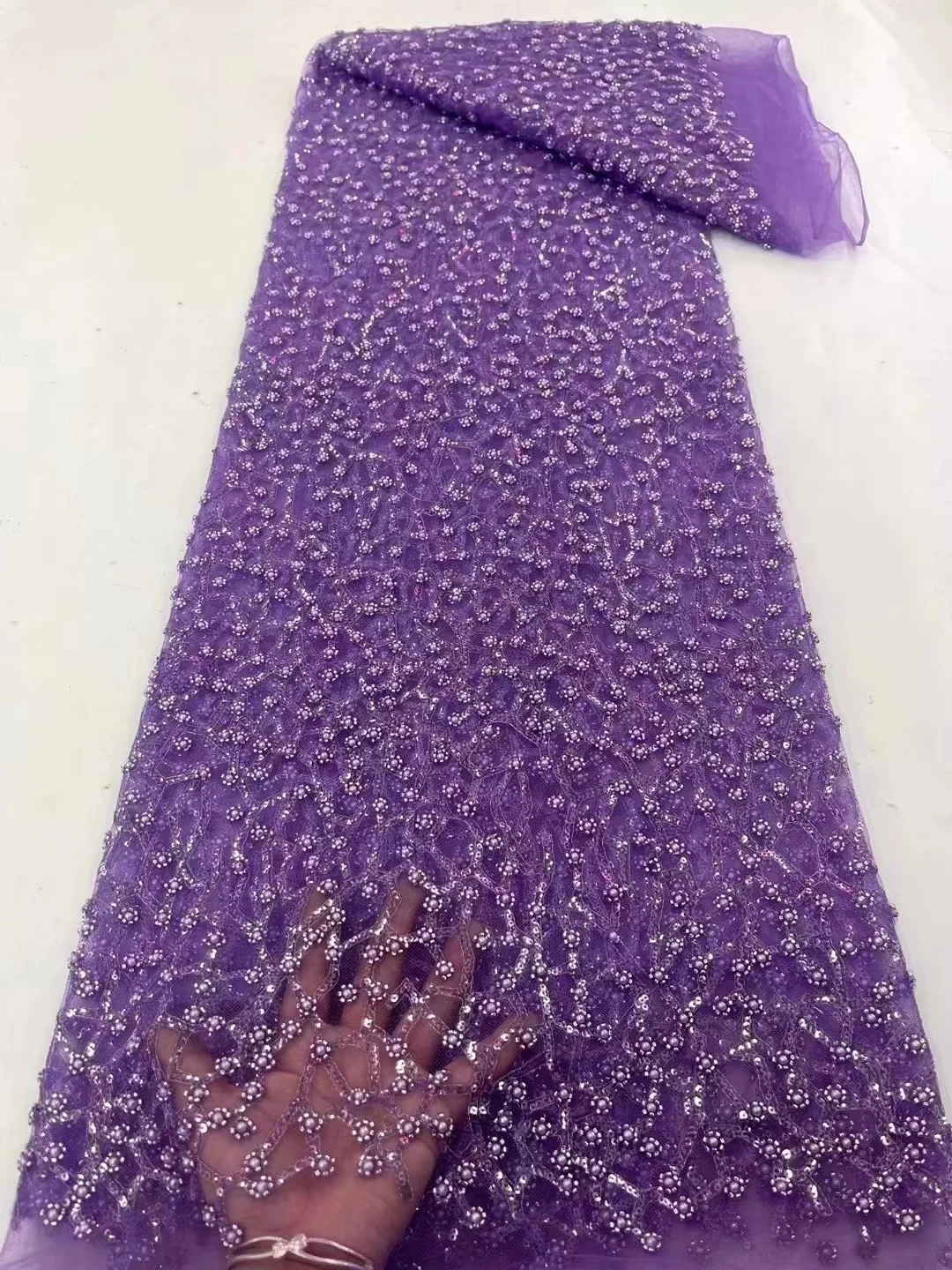 

African French Groom Lace Fabric 2023 Purple High Quality Tulle Sequins Lace Bridal Nigerian Wedding Dress Lace For Woman