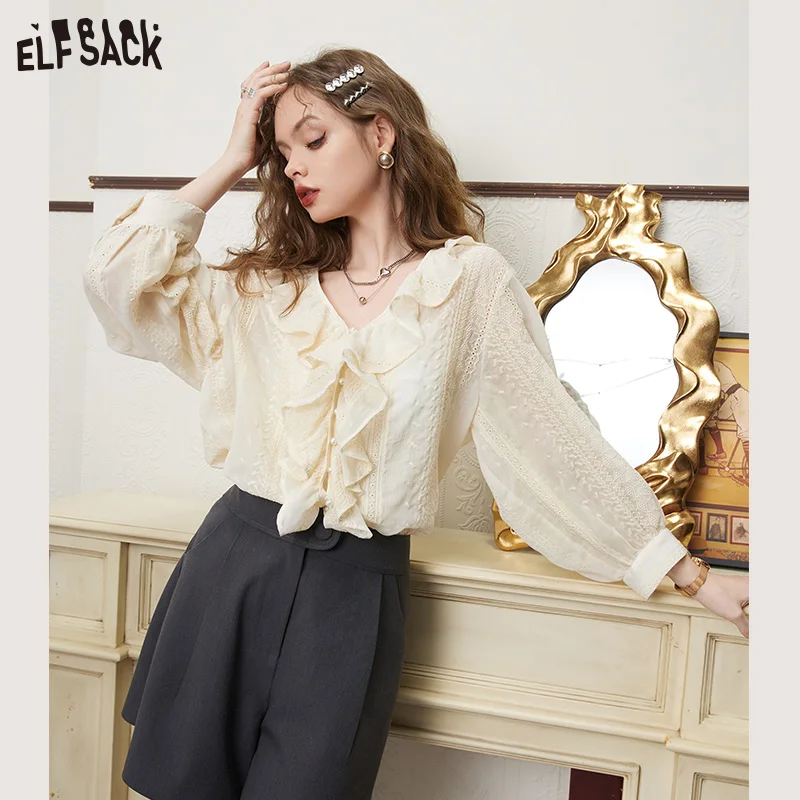 ELFSACK French Ruffles Long Sleeve Blouses Women 2023 Spring/Summer New Casual Tops