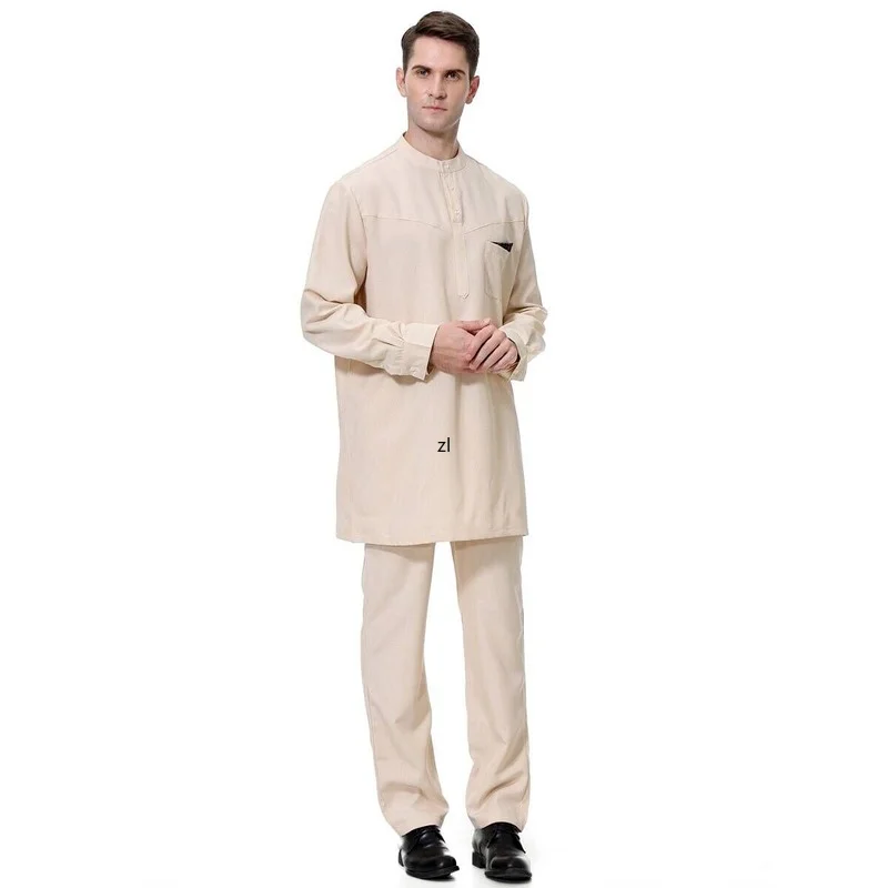 Saudi Arabia Muslim Men Jubba Thobe 2 Piece Set Djellaba Pakistan Kaftan Dubai Abaya Tops&pant Islamic Ramadan Worship