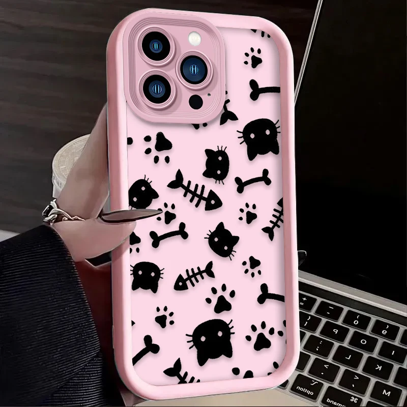 Фото Lovely Cartoon Black Cat Phone Case For iPhone 16 14 15 13 12 11 Pro Max X XS X S Max XR SE 2020 7 8 Plus iphone16 Back Cover №4