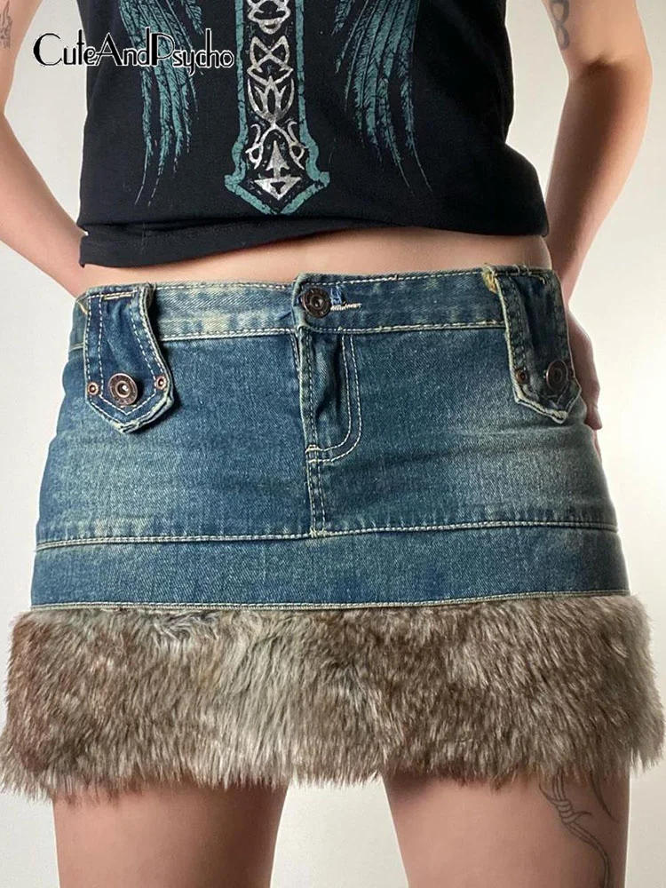 

Джинсовая юбка cuteandпсиходелическая с мехом в стиле пэчворк Y2K, винтажная облегающая мини-юбка в стиле Харадзюку, женская уличная модная шикарная одежда